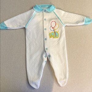 VINTAGE-Baby One Piece with Balloon Design - White and Blue